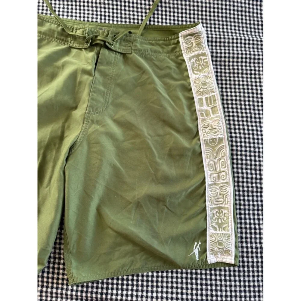 Vintage Y2K “Toes on The Nose” Olive Green Swim Trunks with White Tiki Sides